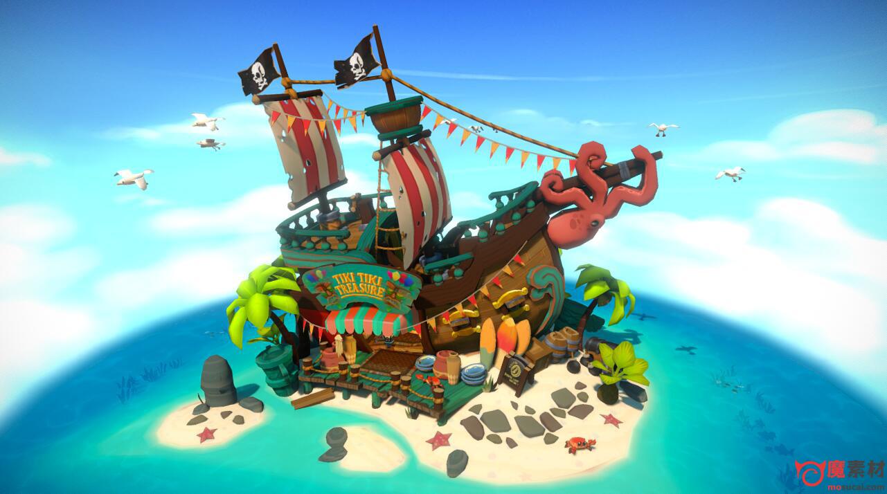 精品海盗船 小岛 海岛 卡通轮船 3D模型场景资源下载FBX 含贴图