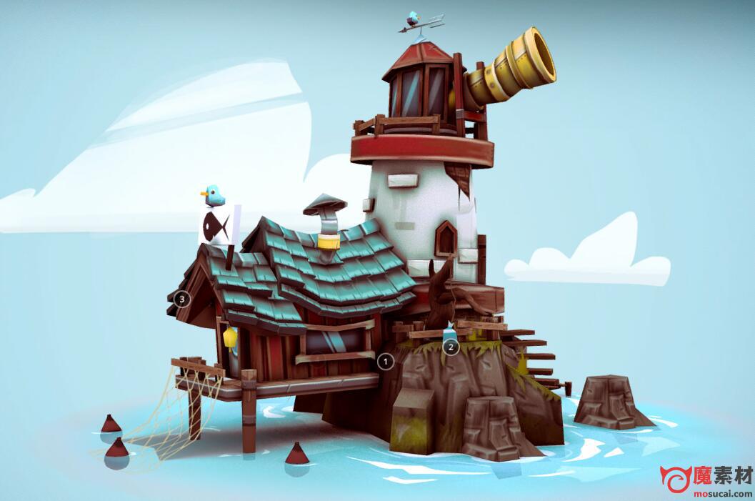 3D卡通风灯塔模型资源下载海岛小屋FBX含贴图